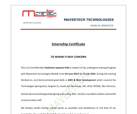 Internship on AWS & Web Development at MAVERTECH Technology, Nashik