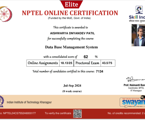 NPTEL Certificate- Data Base Management System