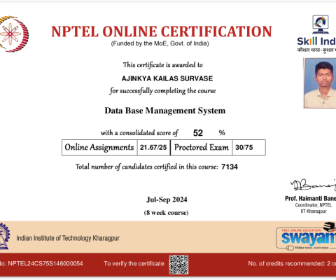 NPTEL Certificate- Data Base Management System