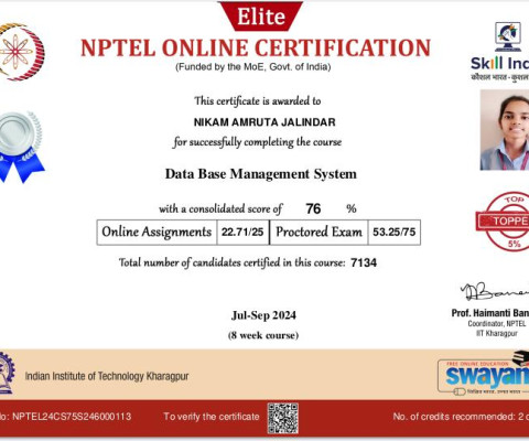 NPTEL Certificate- Data Base Management System