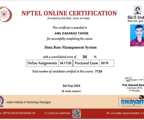 NPTEL Certificate- Data Base Management System