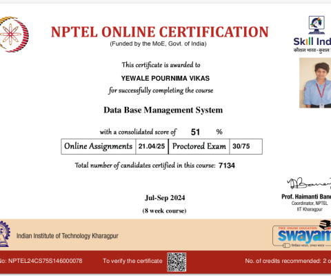 NPTEL Certificate- Data Base Management System