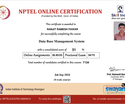 NPTEL Certificate- Data Base Management System