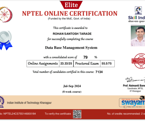 NPTEL Certificate- Data Base Management System