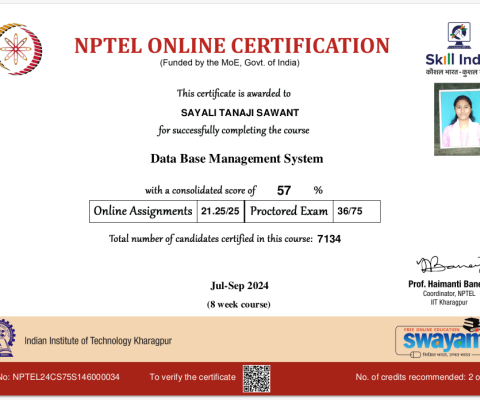 NPTEL Certificate- Data Base Management System