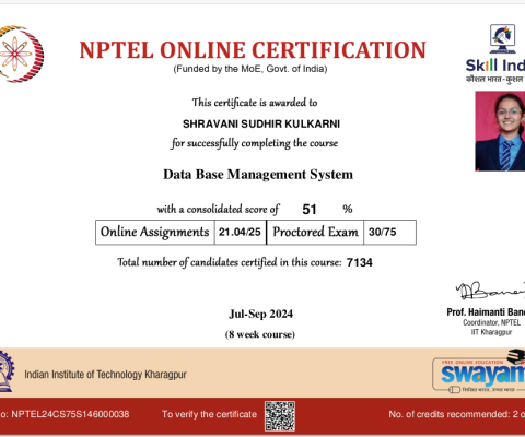 NPTEL Certificate- Data Base Management System