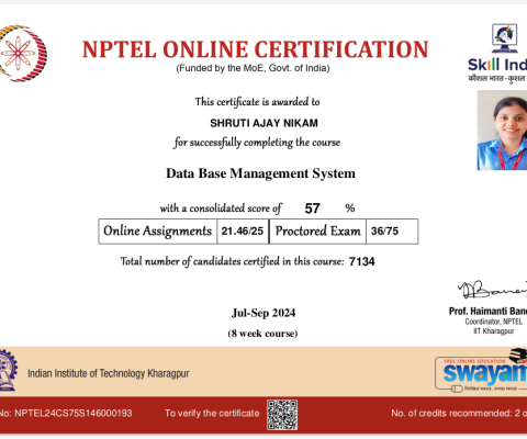 NPTEL Certificate- Data Base Management System