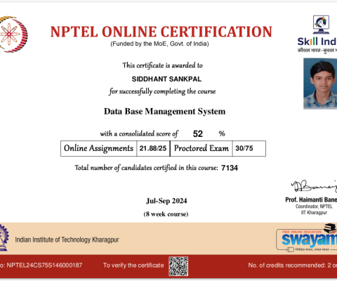 NPTEL Certificate- Data Base Management System