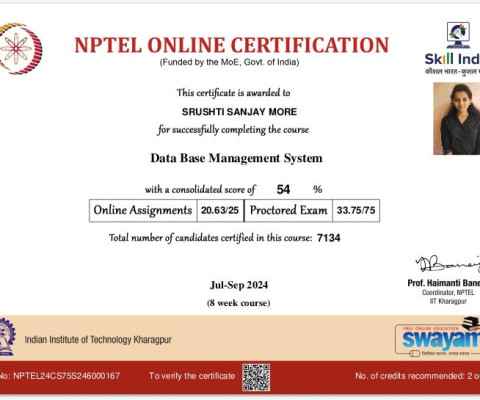 NPTEL Certificate- Data Base Management System