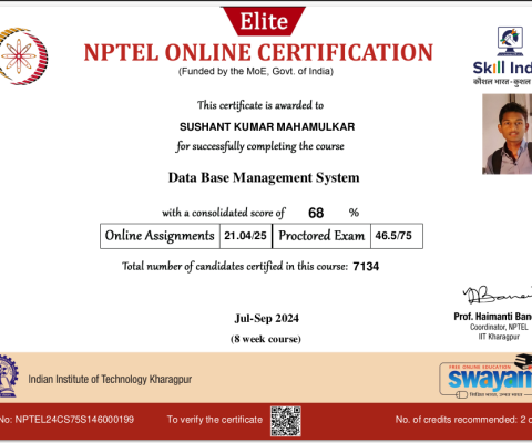 NPTEL Certificate- Data Base Management System